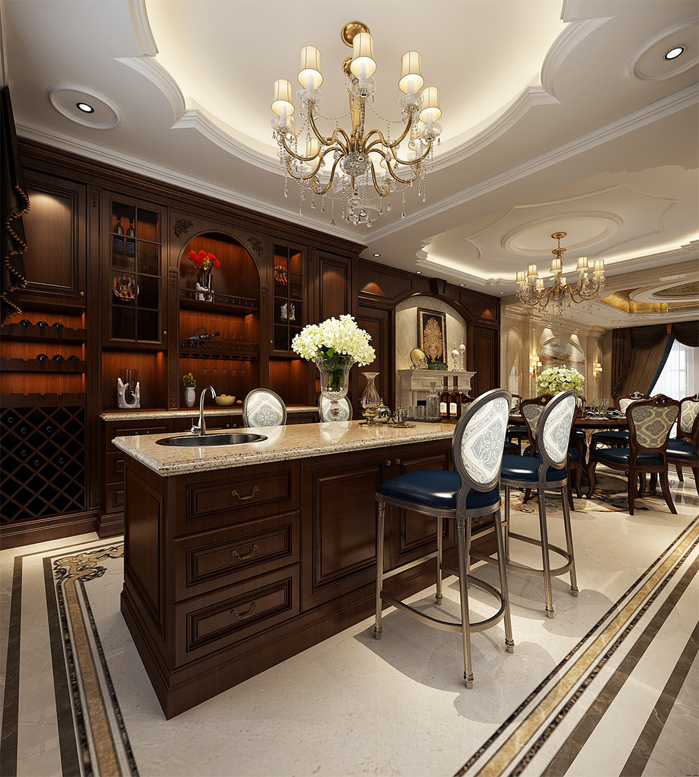 裝修案例經(jīng)典美式風(fēng)格別墅裝修效果圖-餐廳吧臺(tái)