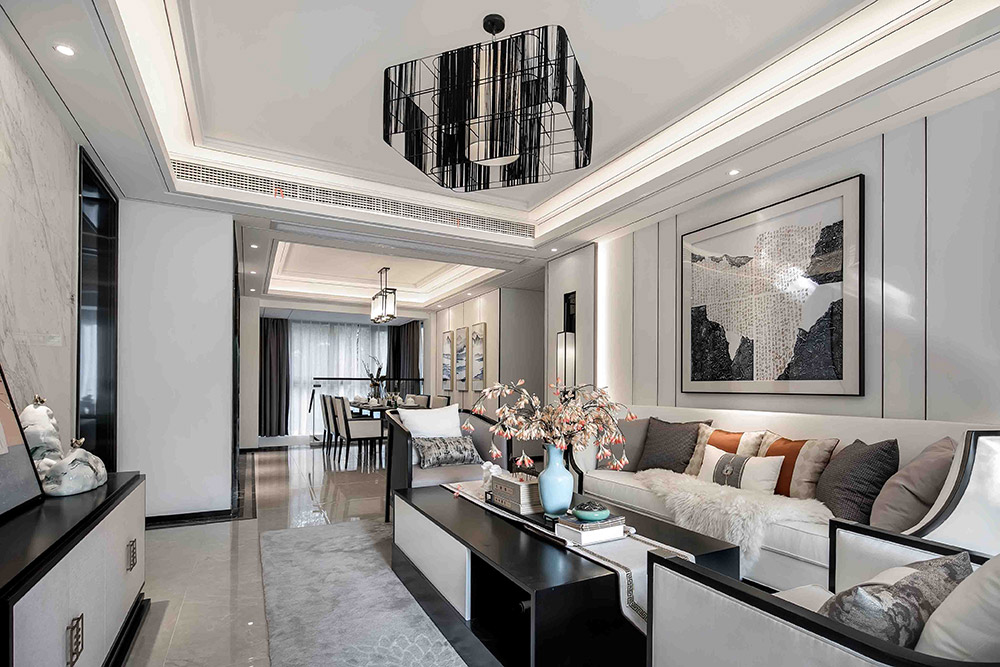 現(xiàn)代輕奢風格室內裝修效果圖-江山一品三居125平米-客廳