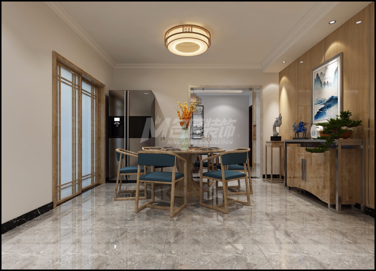 嘉興市金洲海景新中式風(fēng)格三居室裝修案例