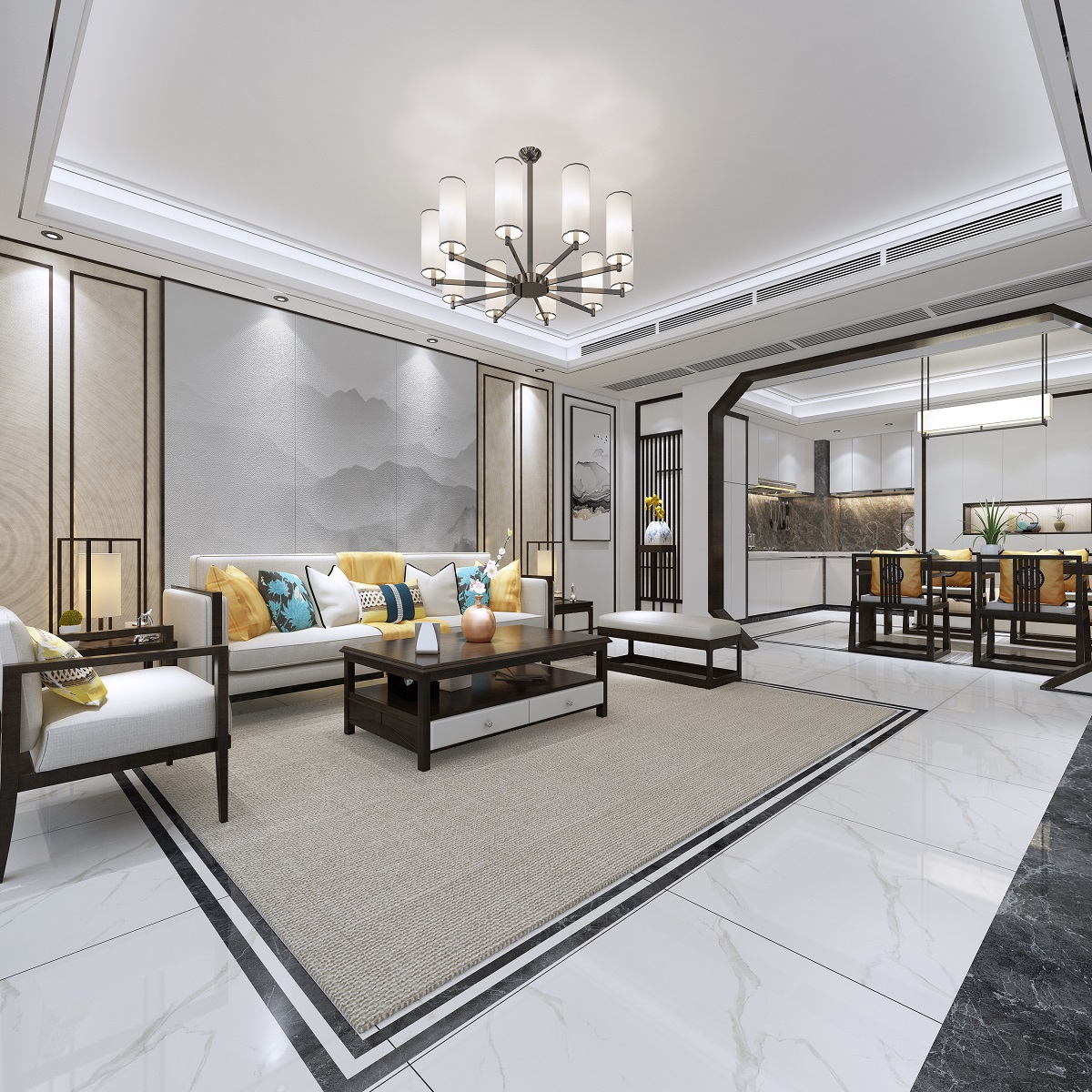 佛山市綠地&middot;拾野川新中式風格三居室裝修案例