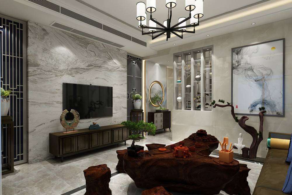 梧州市安居小區(qū)新中式風(fēng)格三居室裝修案例