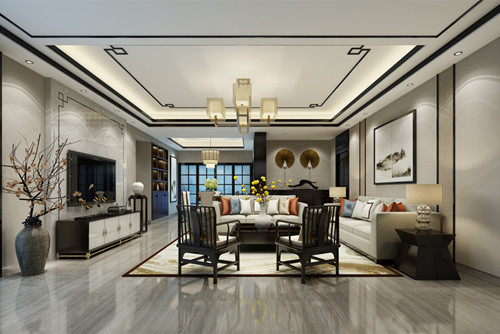 ?？谑协h(huán)球100寶龍城新中式風(fēng)格三居室裝修案例